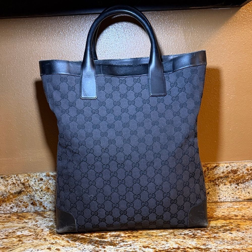 GUCCI GG Pattern Hand Tote Bag Leather canvas Black